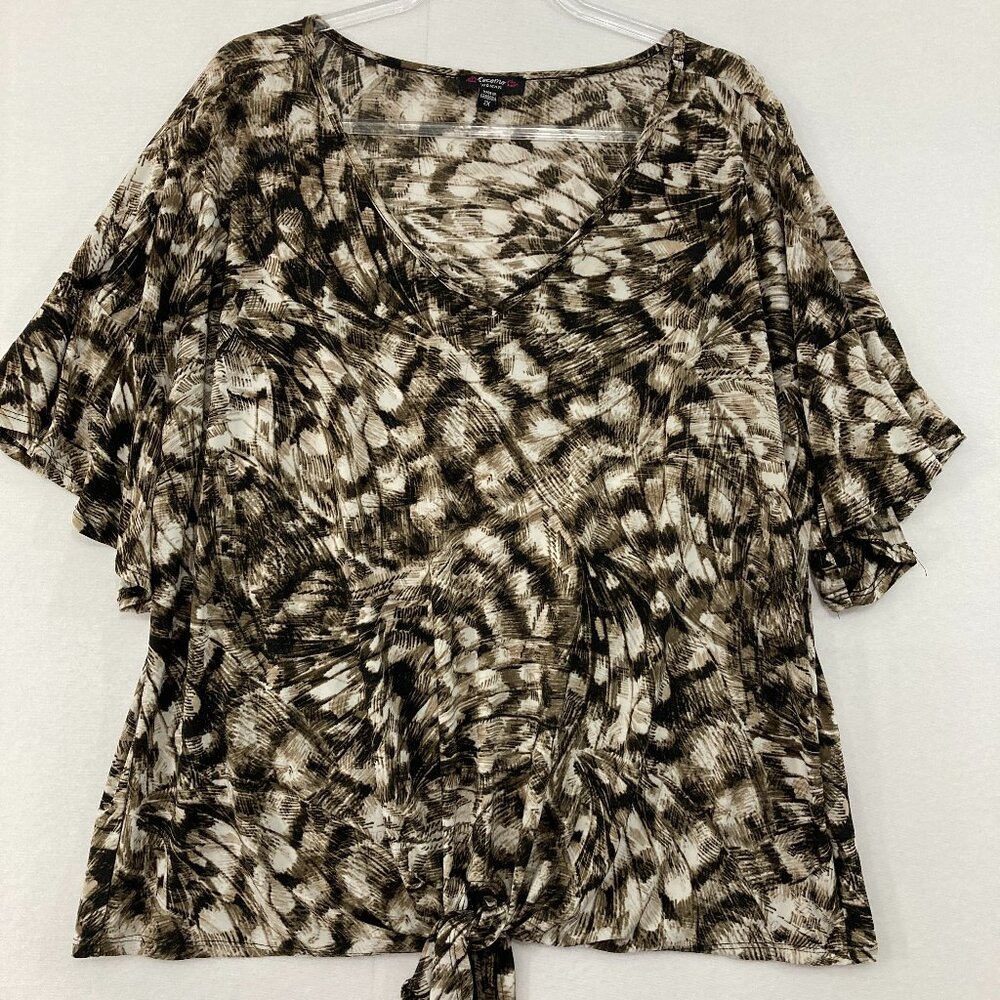 Cocomo Top size 2X Black Gray Abstract Tie Front Flutter Sleeve Feminine Blouse